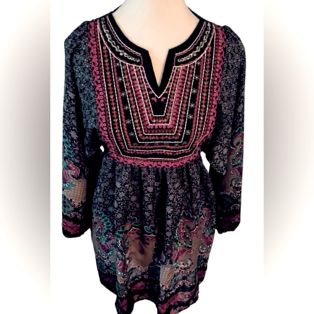 Linea Domani Tunic Shirt Small Boho Paisley Floral Peasant Dress Pink Black